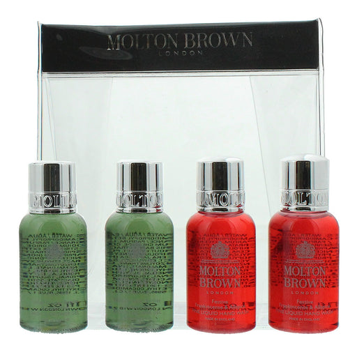 Molton Brown 4 Piece Gift Set: 2 x Festive Frankincense  Allspice Hand Wash 30ml - 2 x Fabled Juniper Berries  Lapp Pine Body Wash 30ml