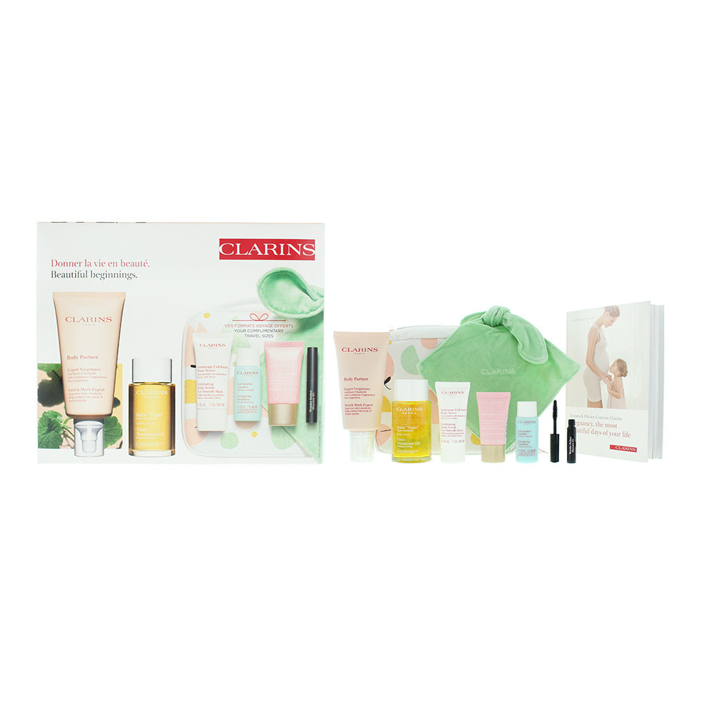 Clarins Beautiful Beginnings Marternity 5 Piece Gift Set: Body Oil 100ml - Body Scrub 30ml - Day Cream 15ml - Legs Emulsion 30ml - Mascara 3ml - Body - Fragrance at MyBeautyBoutique by Clarins
