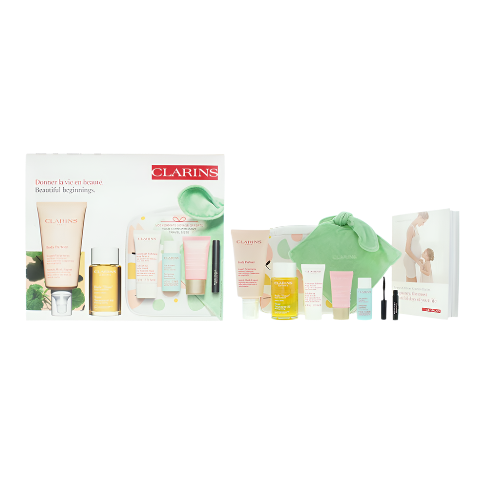 Clarins Beautiful Beginnings Marternity 5 Piece Gift Set: Body Oil 100ml - Body Scrub 30ml - Day Cream 15ml - Legs Emulsion 30ml - Mascara 3ml - Body