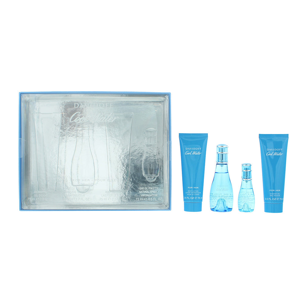 Davidoff Cool Water Woman 4 Piece Gift Set: Eau de Toilette 50ml - Eau de Toilette 15ml - Body Lotion 75ml - Shower Gel 75ml - Gift Set at MyBeautyBoutique by Davidoff