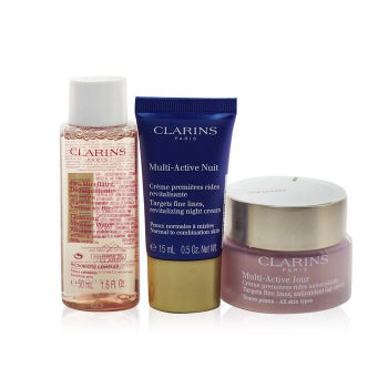 Clarins Multi-Active 3 Piece Gift Set: Multi-Active Day Cream 50ml - Cleansing Micellar Water 50ml - Multi-Active Night Cream 15ml - Pouch