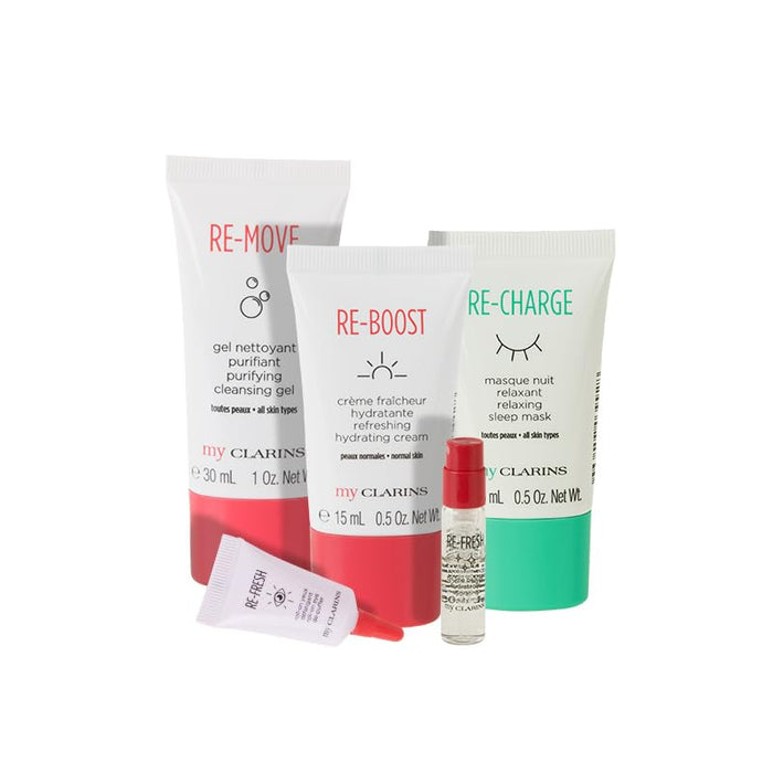 Clarins Grab And Go Set 30ml Cleansing Gel + 15ml Reboost Cream + 15ml Recharge Mask + 3ml Eye Treatment