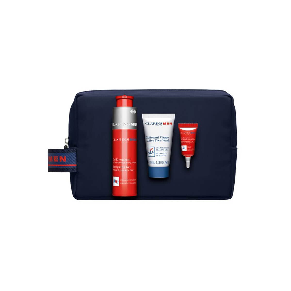 Clarins Men 4 Piece Gift Set: Energizing Gel 50ml - Eye Gel 3ml - Active Face Wash 30ml - Pouch