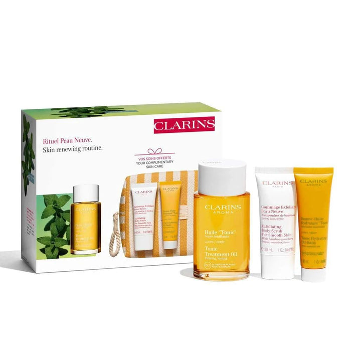 Clarins Skin Renewing Routine Gift Set 100ml Aroma Tonic Treatment Firming Body Oil + 30ml Exfoliating Body Scrub + 30ml Tonic Hydrating Oil-Balm + Toiletry Bag