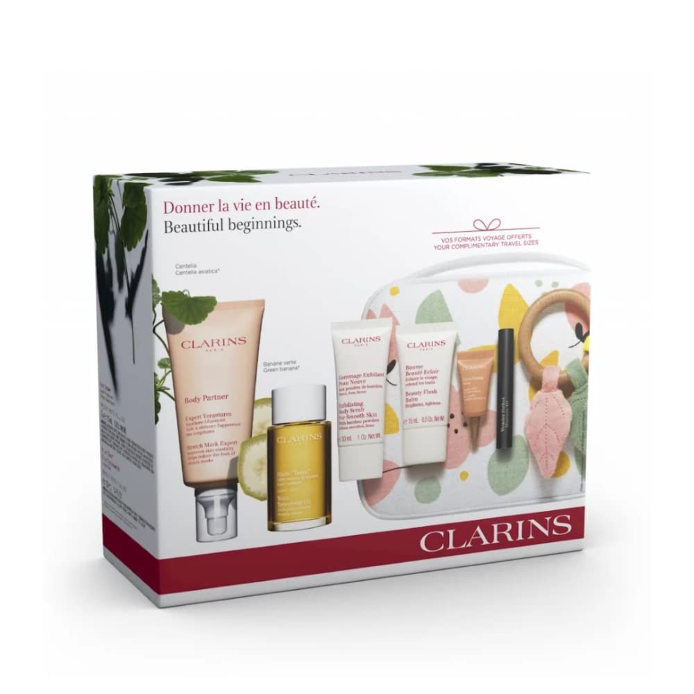 Clarins Beautiful Beginnings Maternity Bag 6 Piece Gift Set: Stretch Mark Expert 175ml - Body Oil 100ml - Body Scrub 30ml - Flash Balm 15ml- Eye Cream 3ml - Mascara 3ml