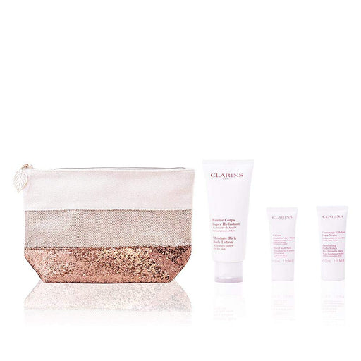 Clarins Body Care Gift Set 200ml Moisture Rich Body Lotion + 30ml Hand And Nail Treatment Cream + 30ml Exfoliating Body Scrub + Wash Bag