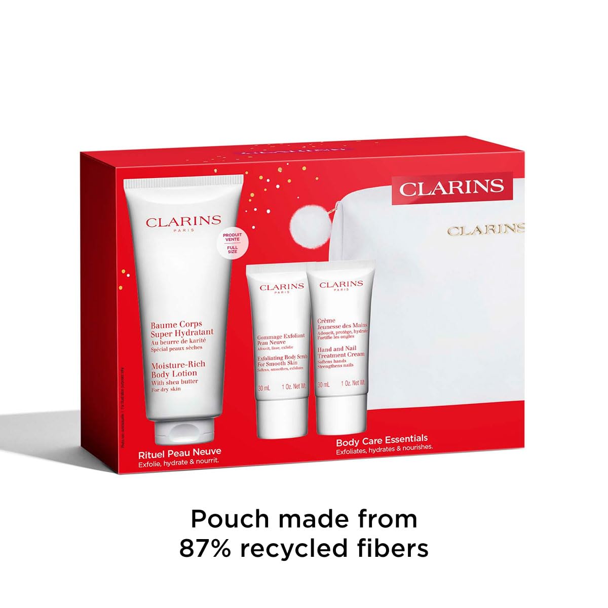 Clarins Body Care Set: Rich Body Lotion 200ml + Hand and Nail Treatment Cream 30ml + Body Scrub 30ml
