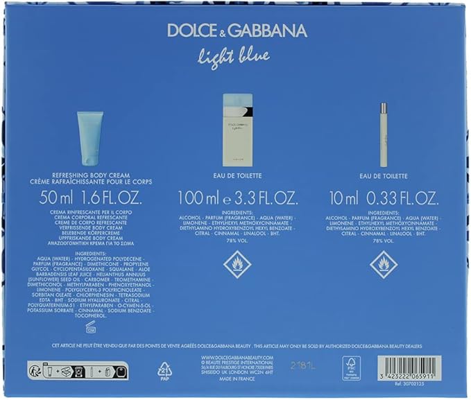 Dolce  Gabbana Light Blue 3 Piece Gift Set: Eau De Toilette 100ml - Body Cream 50ml - Eau De Toilette 10ml