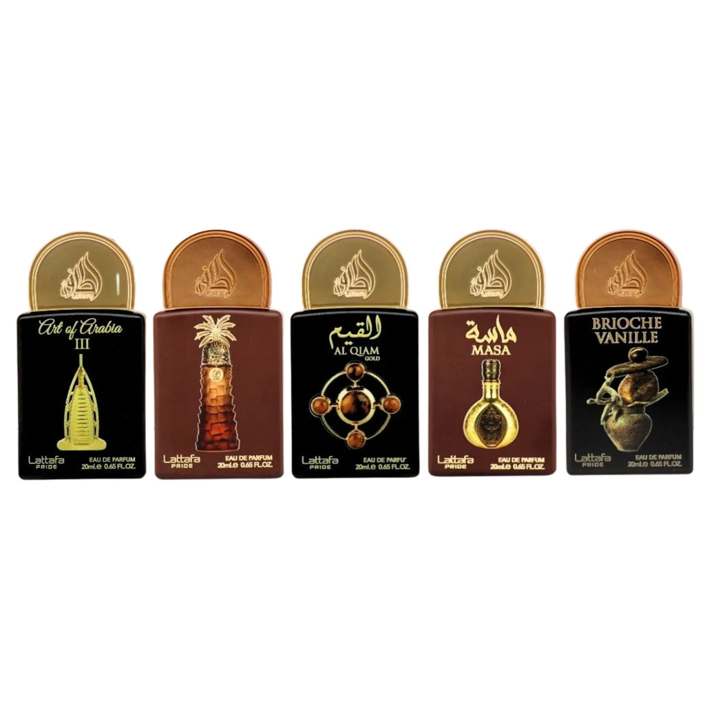 Lattafa Pride Gift Set Collection No.4 - 5 x 20ml (This set contains: Art of Arabia III Ajwaa Al Qiam Gold Masa Brioche Vanille)