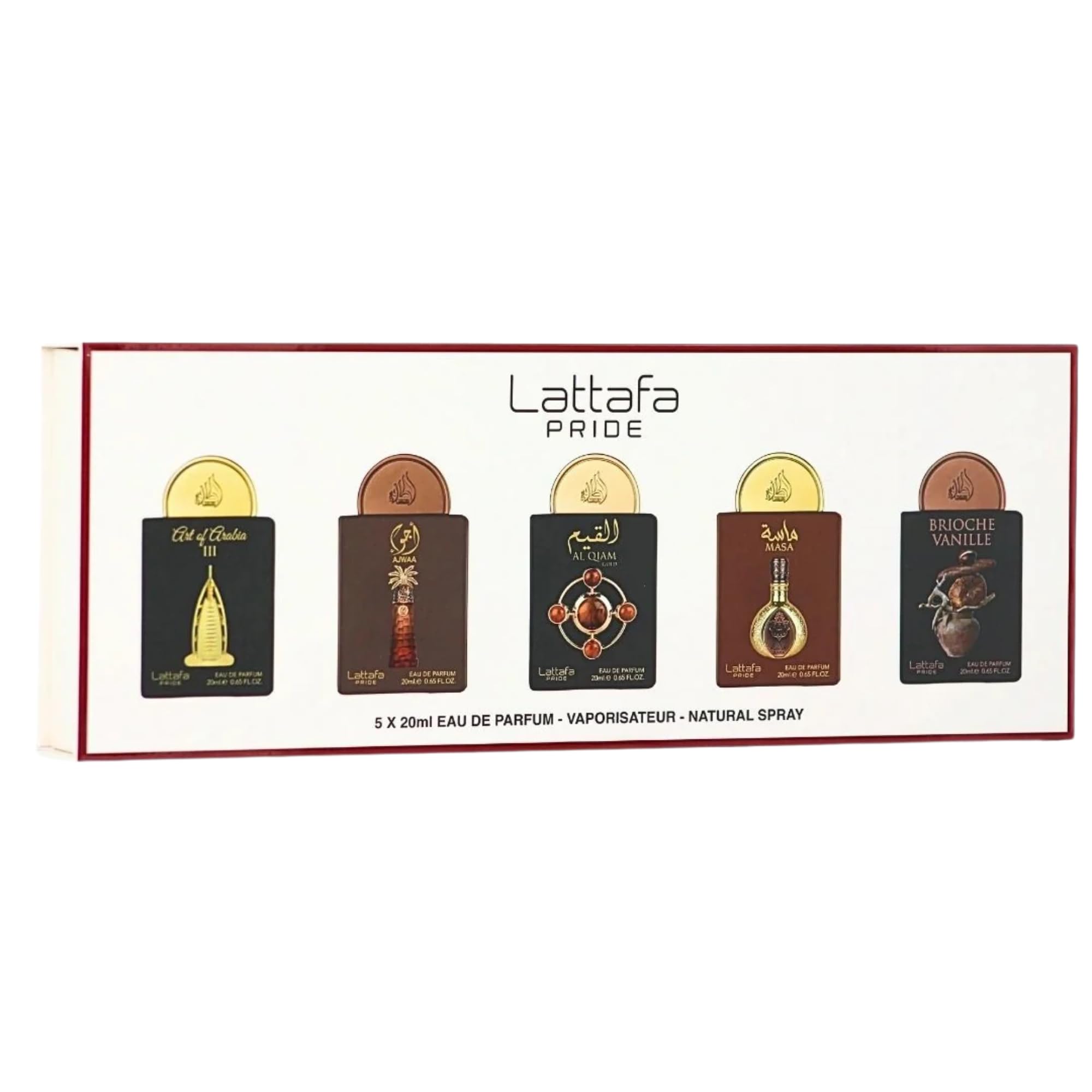 Lattafa Pride Gift Set Collection No.4 - 5 x 20ml (This set contains: Art of Arabia III Ajwaa Al Qiam Gold Masa Brioche Vanille)