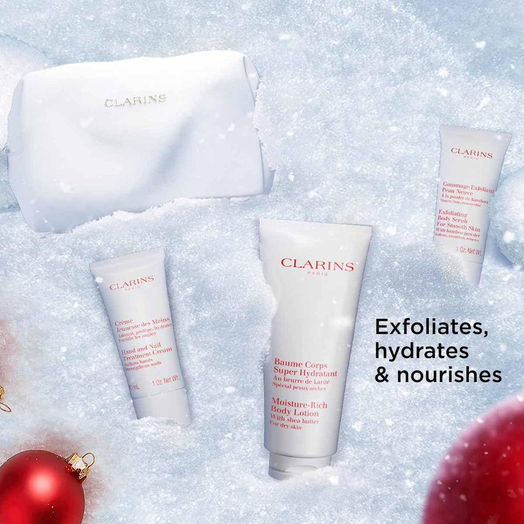 Clarins Body Care Set: Rich Body Lotion 200ml + Hand and Nail Treatment Cream 30ml + Body Scrub 30ml