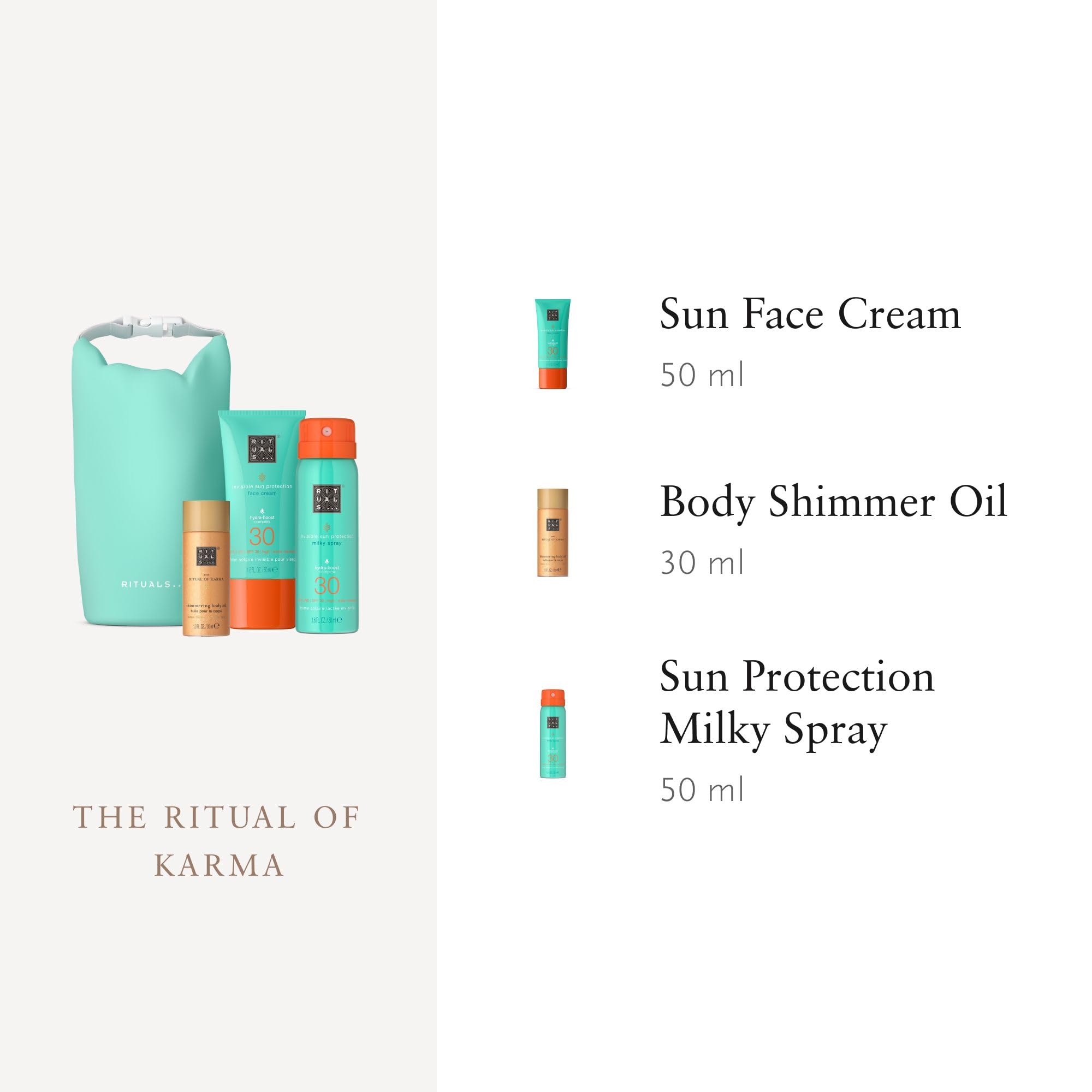 Rituals The Ritual of Karma Sun Trial Set 30ml Body Shimmer Oil + 30ml Face Cream SPF30 + 50ml Milky Spray SPF30