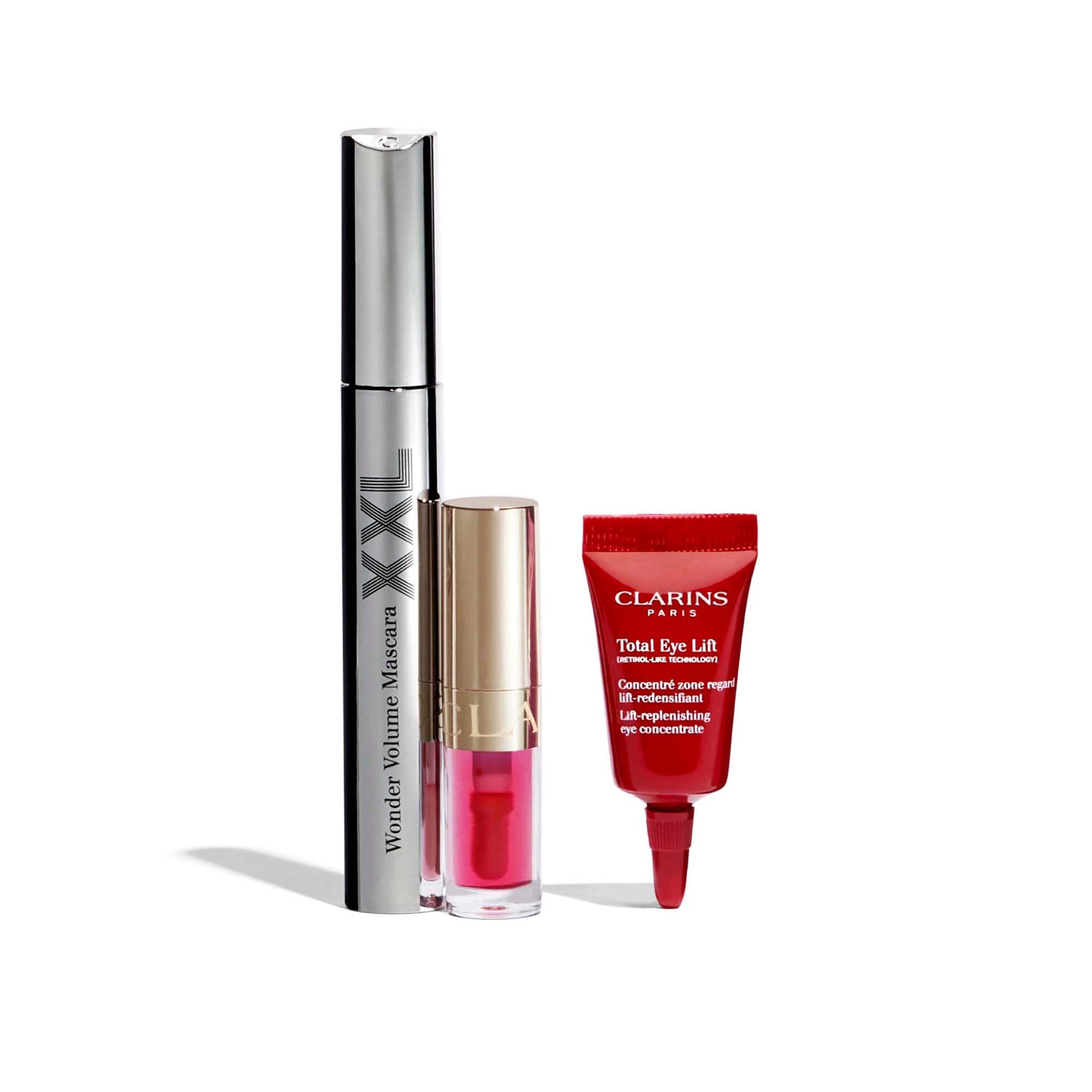 Clarins Wonder Volume Set: Wonder XXL Mascara 8ml + Lip Comfort Oil 1.4ml + Total Eye Lift Cream 3ml