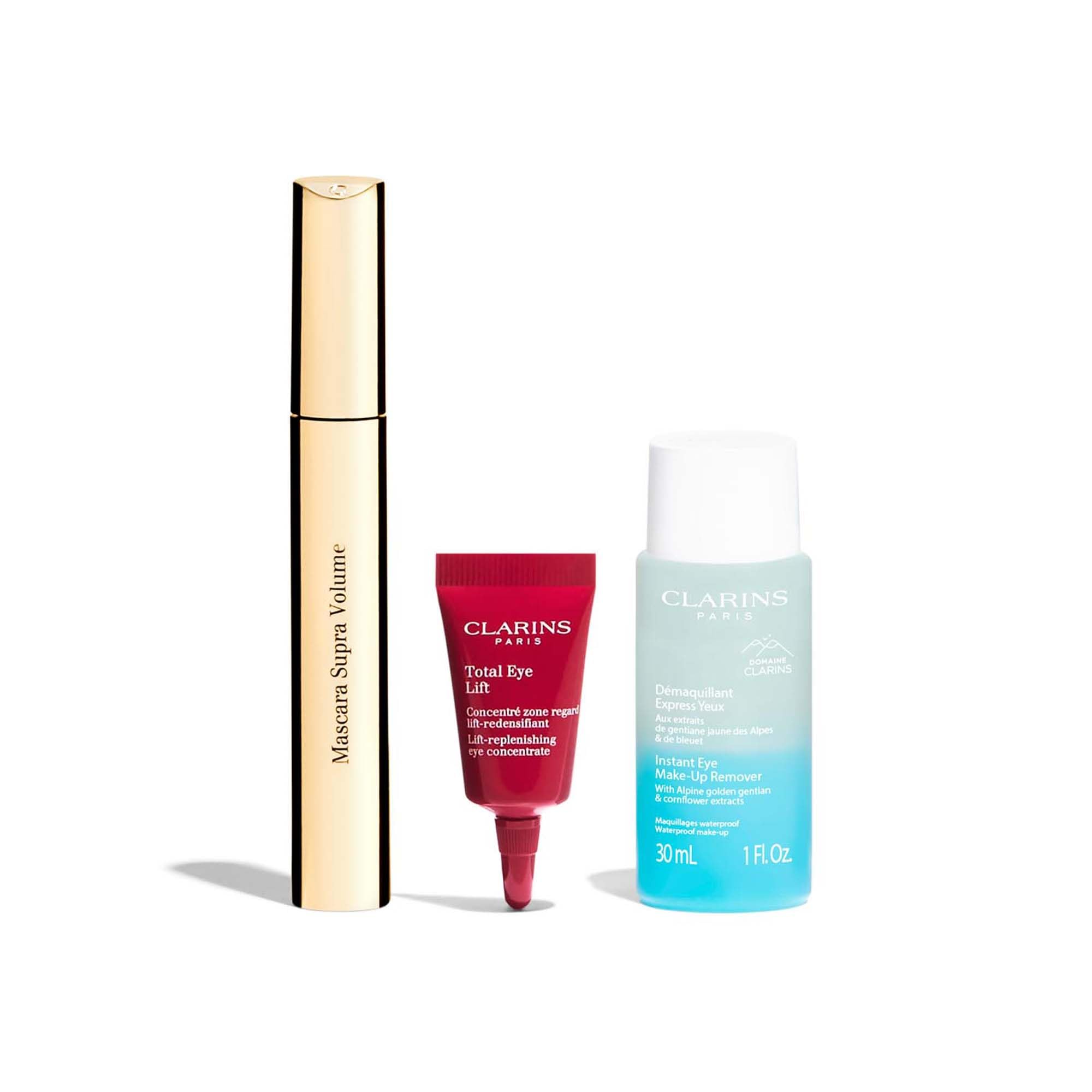 Clarins All About Eyes Gift Set 8ml Supra Volume Mascara + 30ml Instant Eye Make-Up Remover + 3ml Total Eye Lift