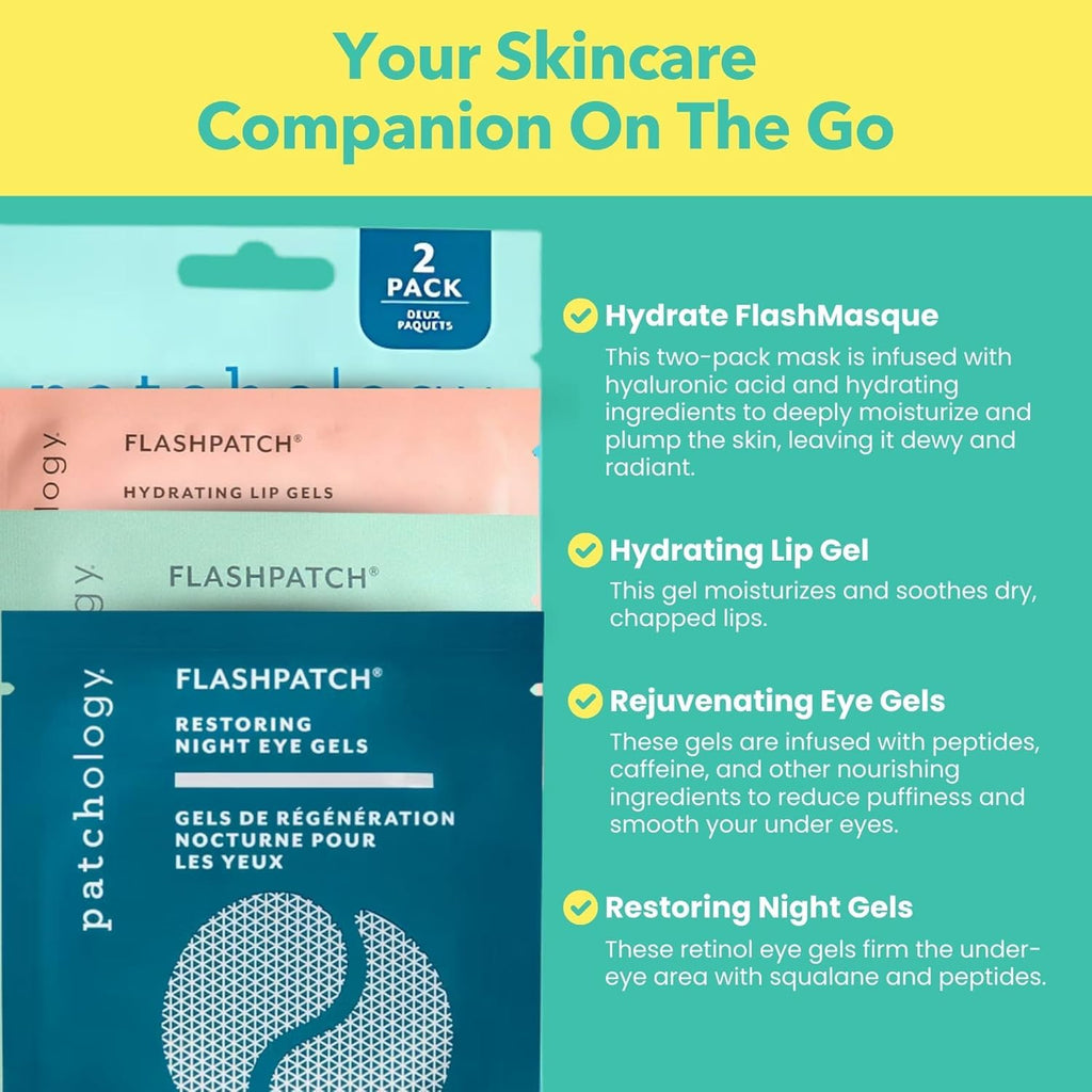 Patchology On the Fly Travel Set: Hydrate Sheet Mask 2pcs + Flash Eye Gel + Hydrating Lip Gel + Restoring Eye Gel