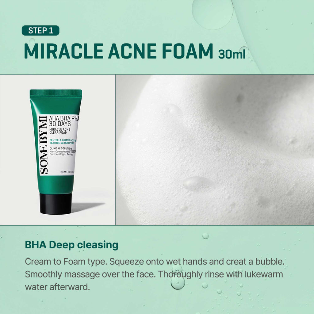 Some By Mi 30 Days AHA-BHA-PHA Miracle AC SOS Kit 4 Pieces (This set contains: 1x 30ml Acne Clear Foam 1x 30ml Toner 1x 20ml Cream 1x 10ml Serum)