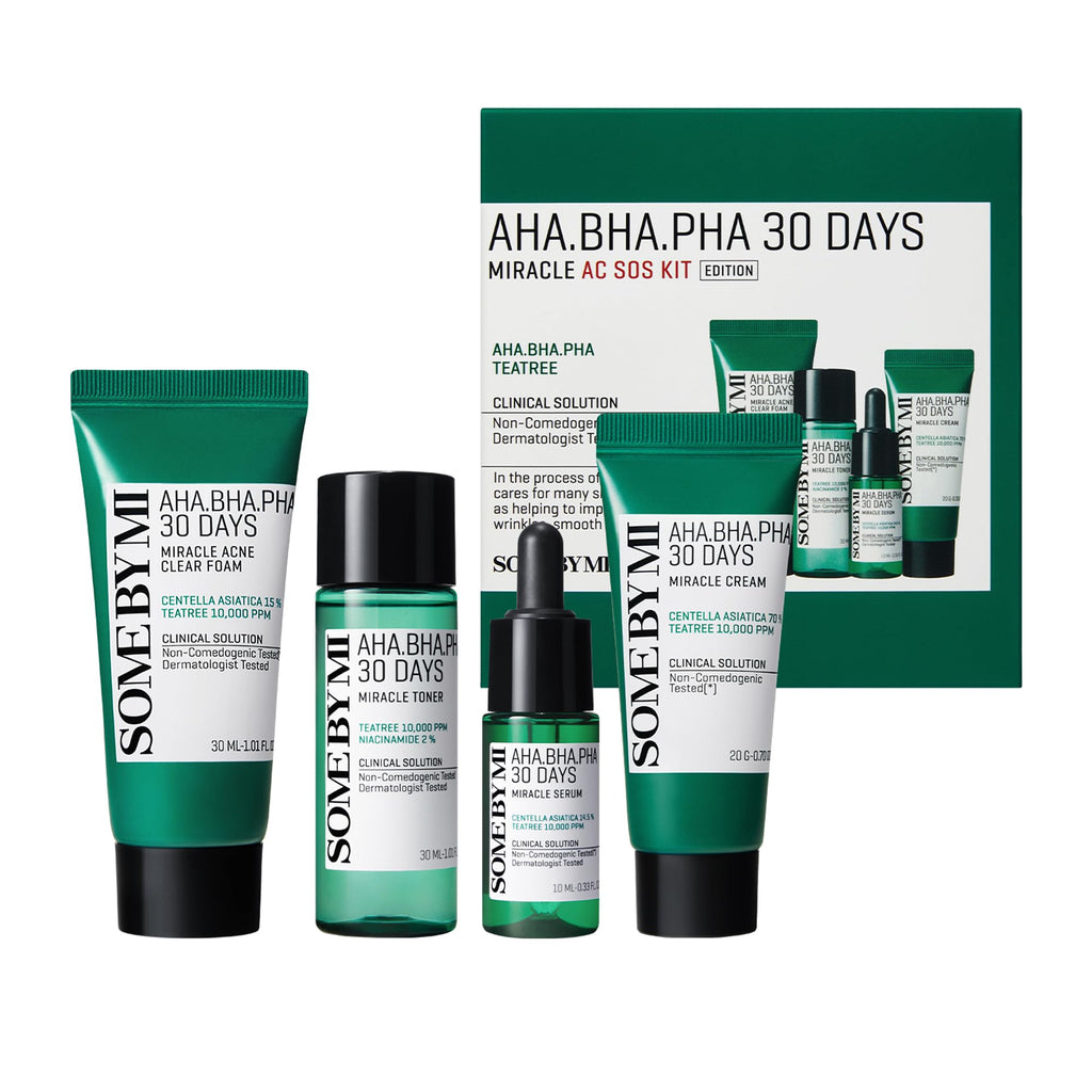 Some By Mi 30 Days AHA-BHA-PHA Miracle AC SOS Kit 4 Pieces (This set contains: 1x 30ml Acne Clear Foam 1x 30ml Toner 1x 20ml Cream 1x 10ml Serum)