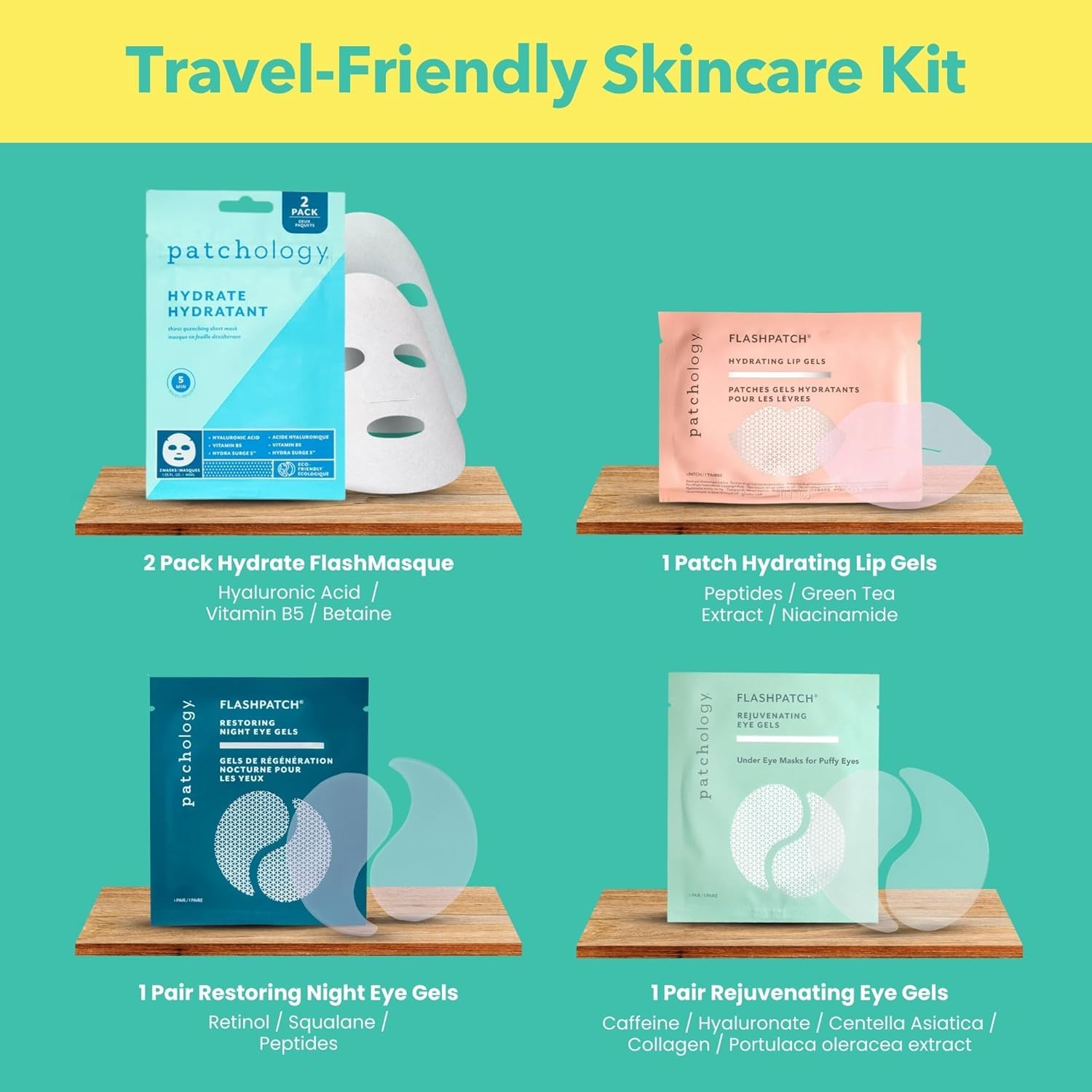 Patchology On the Fly Travel Set: Hydrate Sheet Mask 2pcs + Flash Eye Gel + Hydrating Lip Gel + Restoring Eye Gel