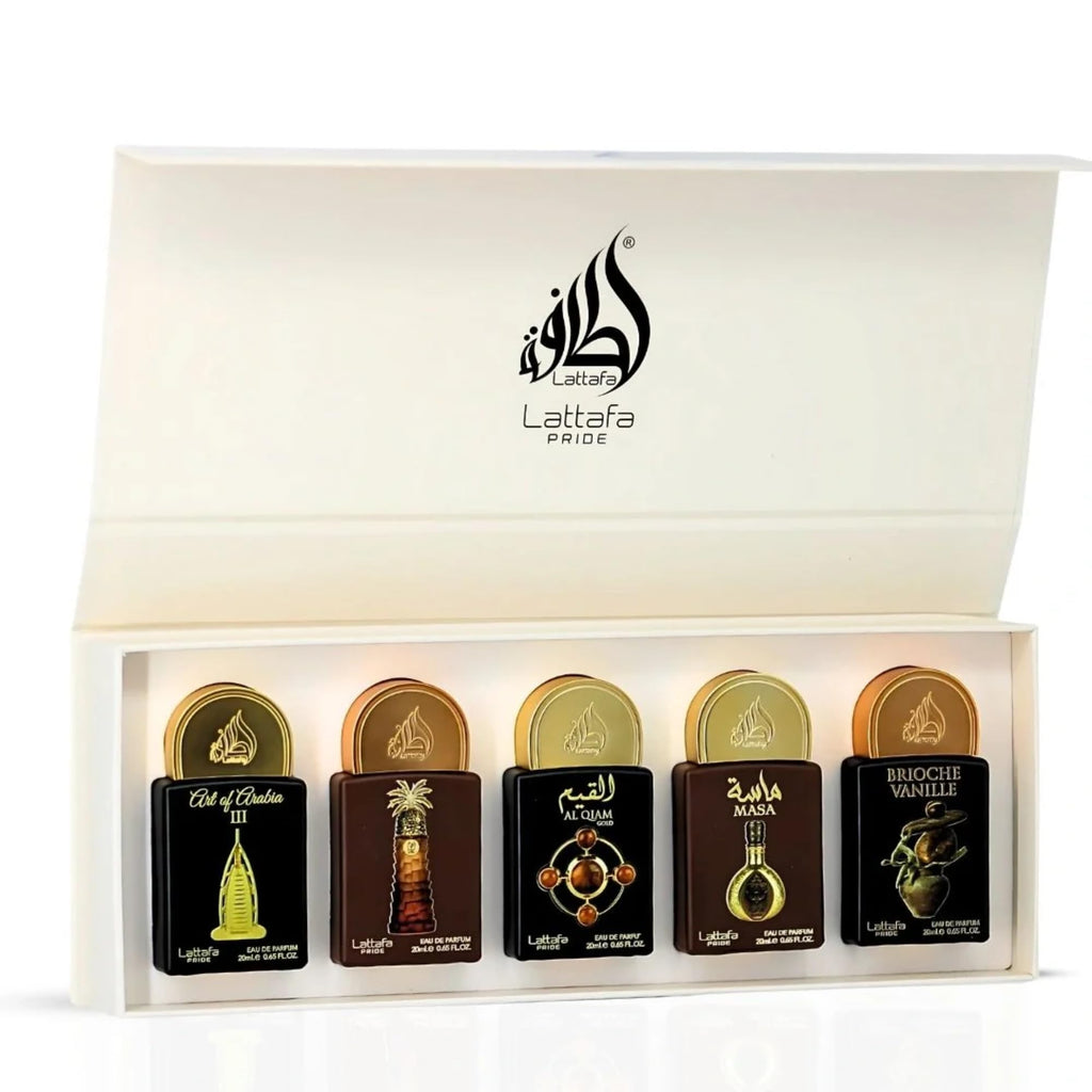 Lattafa Pride Gift Set Collection No.4 - 5 x 20ml (This set contains: Art of Arabia III Ajwaa Al Qiam Gold Masa Brioche Vanille)