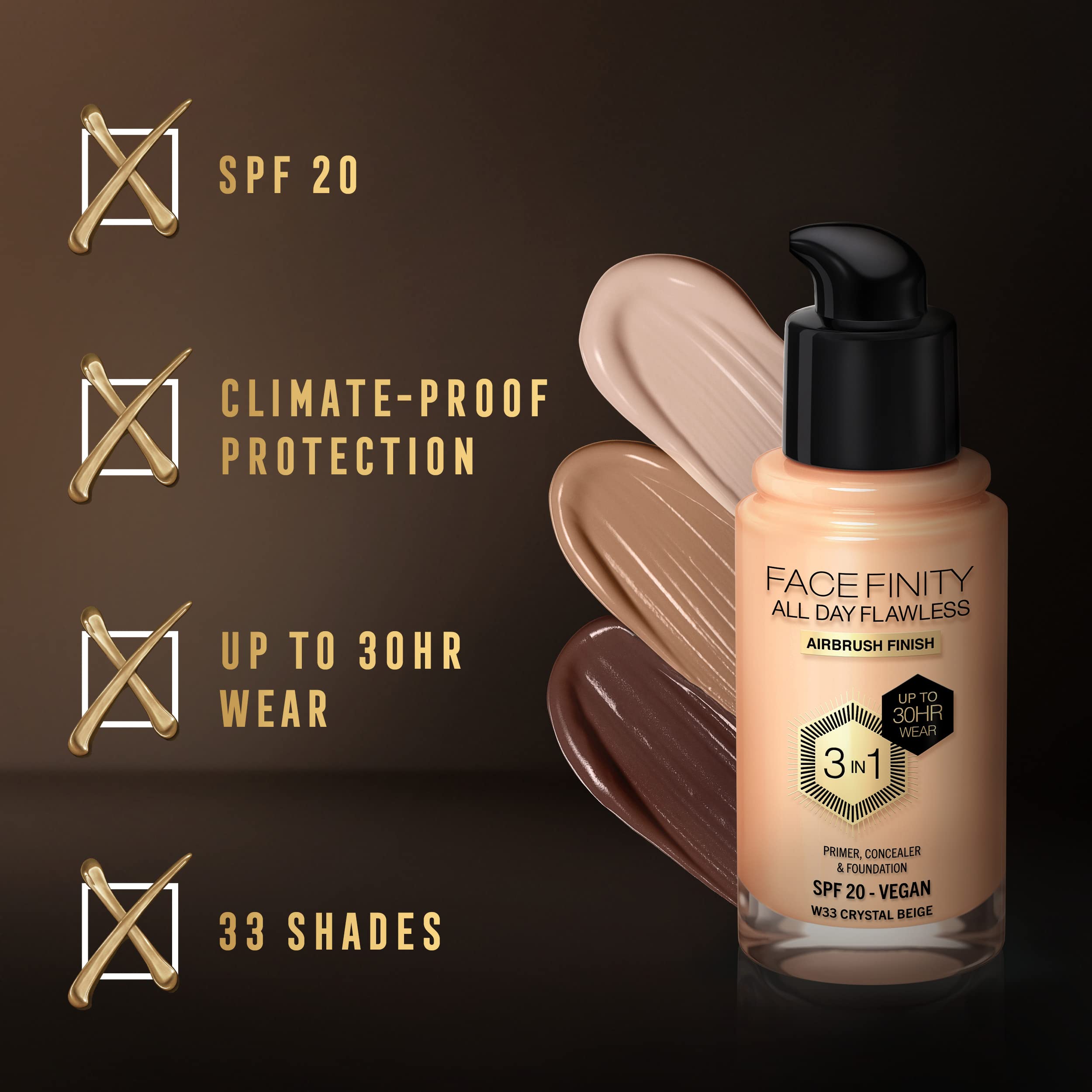 Max Factor Facefinity All Day Flawless 3 in 1 Foundation 30ml - 33 Crystal Beige