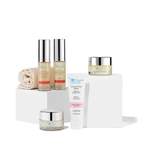 The Organic Pharmacy Rejuvenating Skincare Gift Set 10ml Antioxidant Cleansing Jelly + 10ml Enzyme Peel Mask + 10ml Rose Plus Age Renewal + 5ml Rose Plus Collagen Complex + 5ml Rose Plus Brightening Lotion + Organic Muslin Cloth