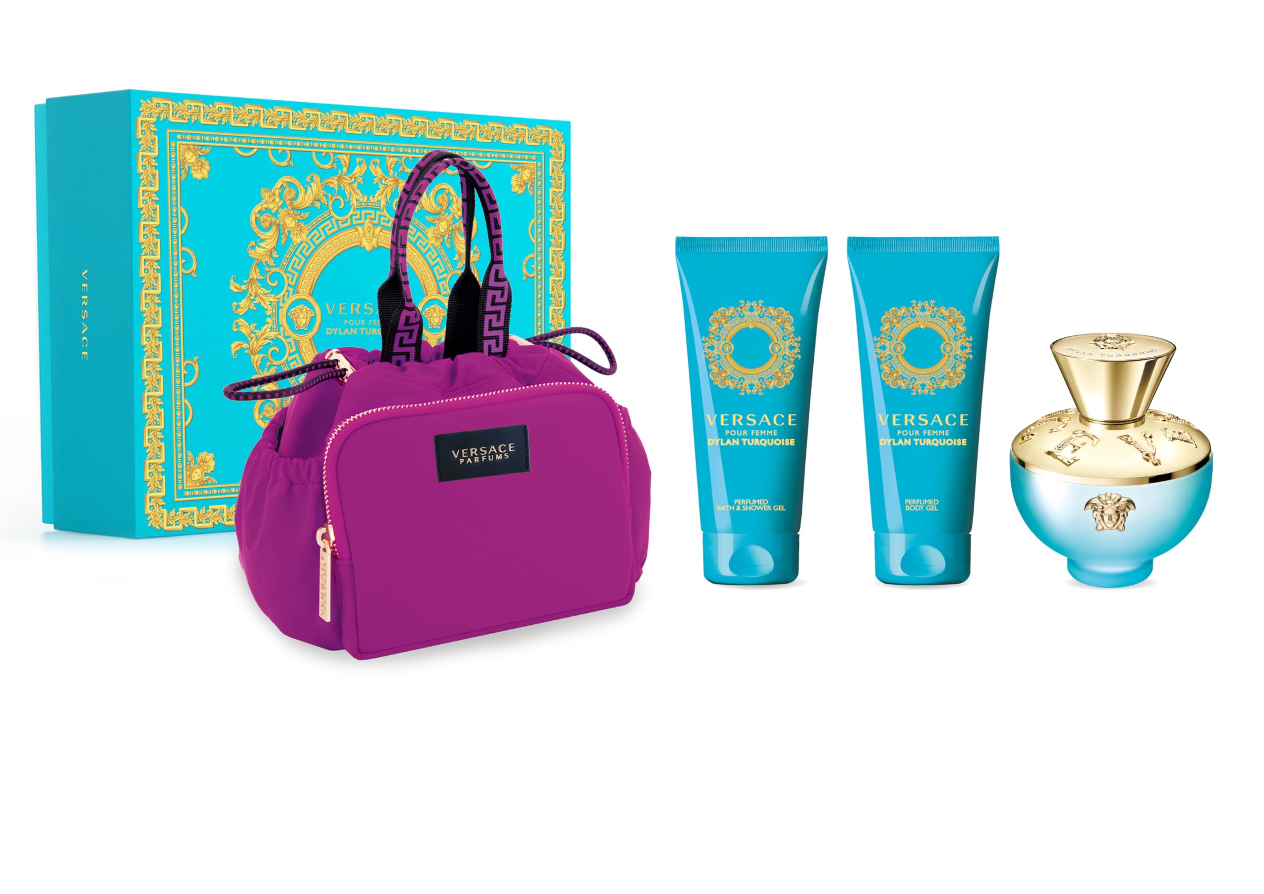 Versace Pour Femme Dylan Turquoise Gift Set 100ml EDT + 100ml Shower Gel + 100ml Body Lotion + Pink Bag - Fragrance at MyBeautyBoutique by Versace