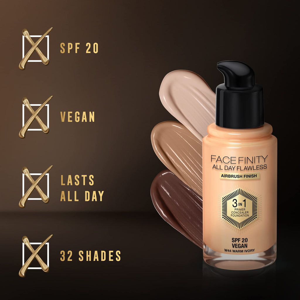 Max Factor Facefinity All Day Flawless 3 in 1 Foundation SPF20 30ml - 44 Warm Ivory