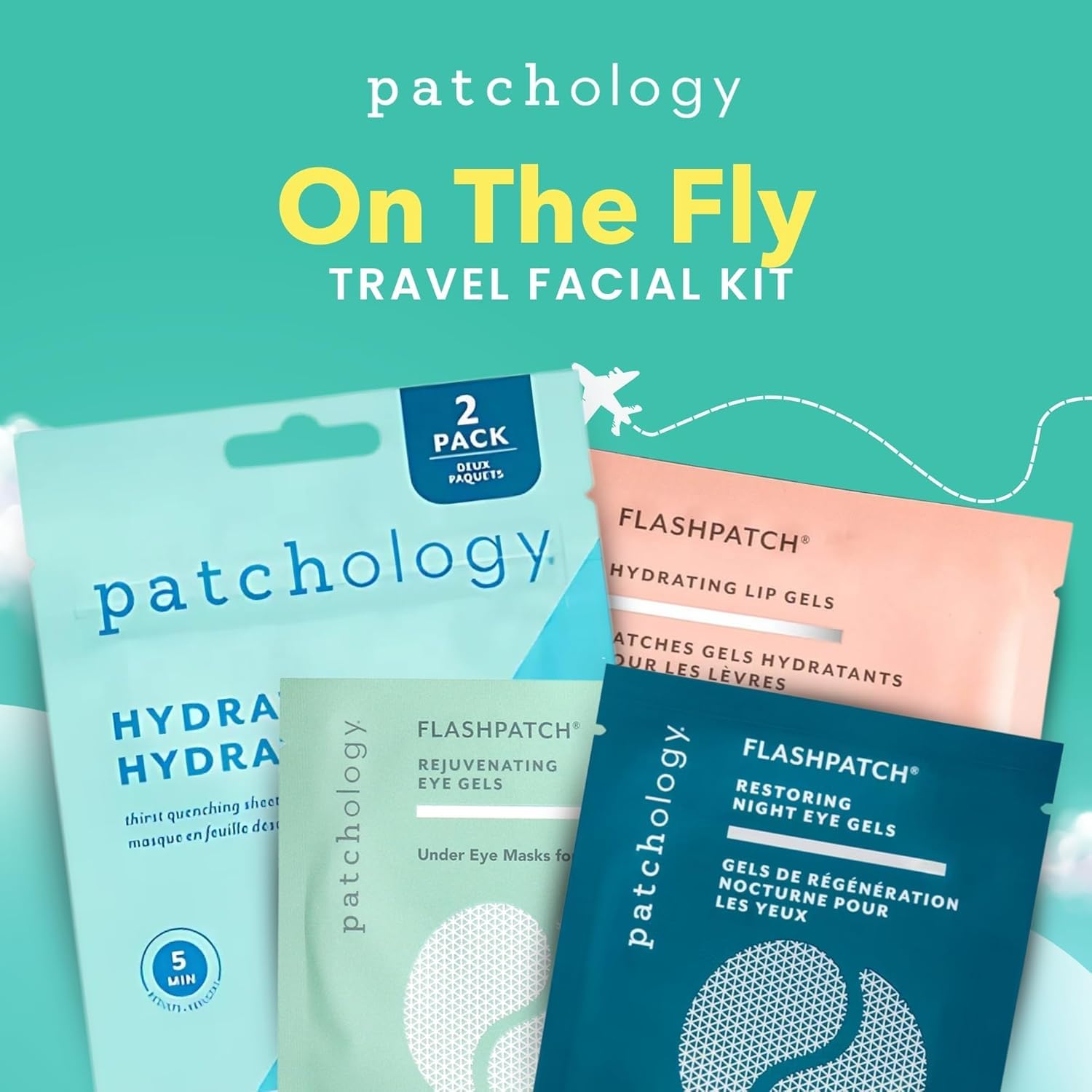 Patchology On the Fly Travel Set: Hydrate Sheet Mask 2pcs + Flash Eye Gel + Hydrating Lip Gel + Restoring Eye Gel