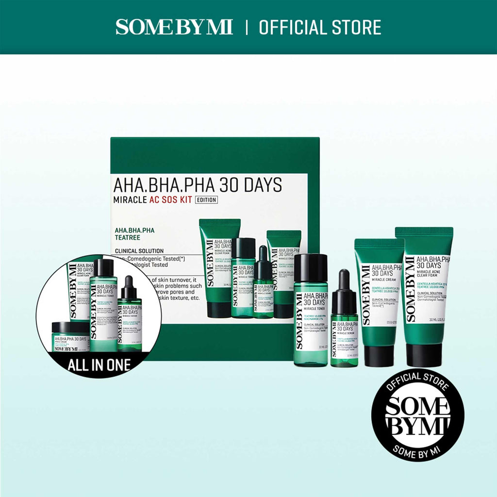 Some By Mi 30 Days AHA-BHA-PHA Miracle AC SOS Kit 4 Pieces (This set contains: 1x 30ml Acne Clear Foam 1x 30ml Toner 1x 20ml Cream 1x 10ml Serum)