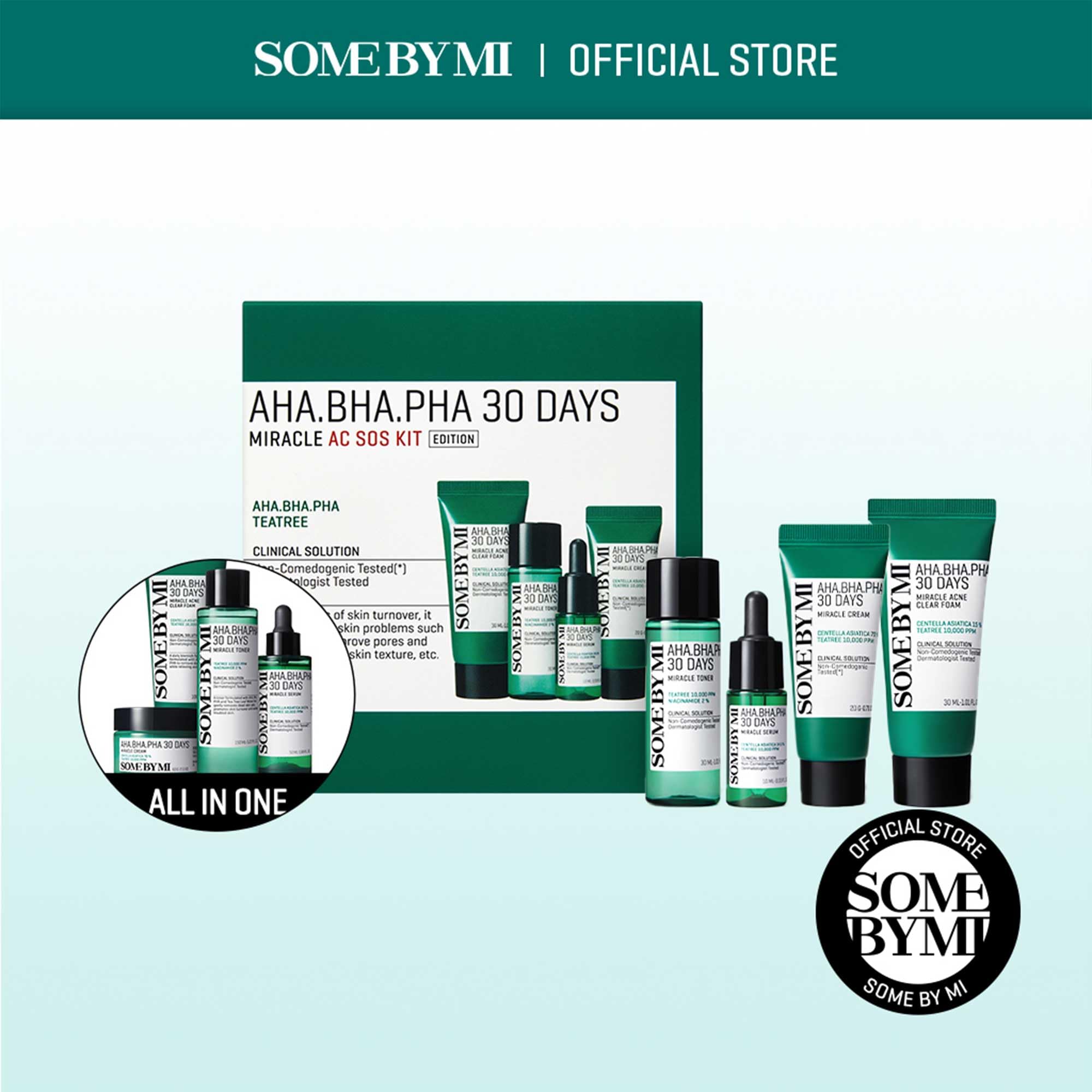 Some By Mi 30 Days AHA-BHA-PHA Miracle AC SOS Kit 4 Pieces (This set contains: 1x 30ml Acne Clear Foam 1x 30ml Toner 1x 20ml Cream 1x 10ml Serum)