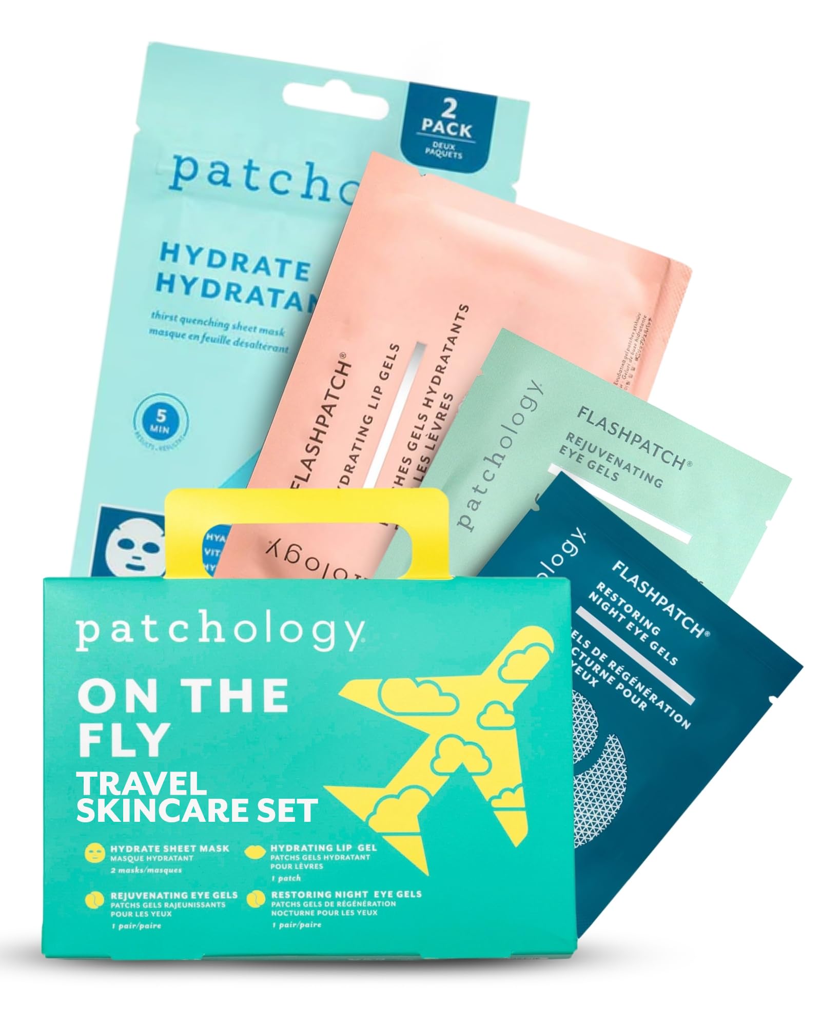 Patchology On the Fly Travel Set: Hydrate Sheet Mask 2pcs + Flash Eye Gel + Hydrating Lip Gel + Restoring Eye Gel