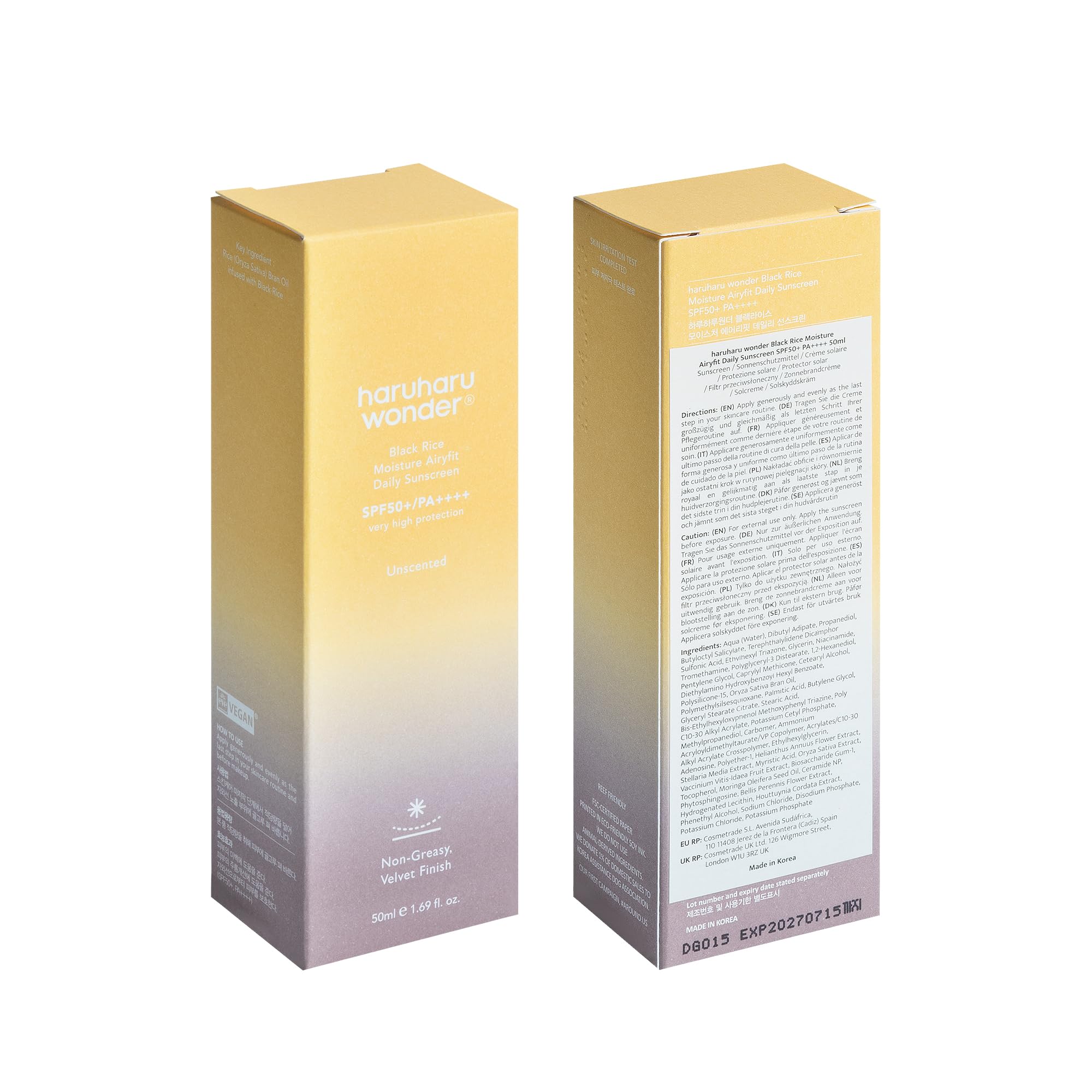 Haruharu Wonder Black Rice Moisture Airyfit Daily Sunscreen SPF50+/Pa++++ 50ml