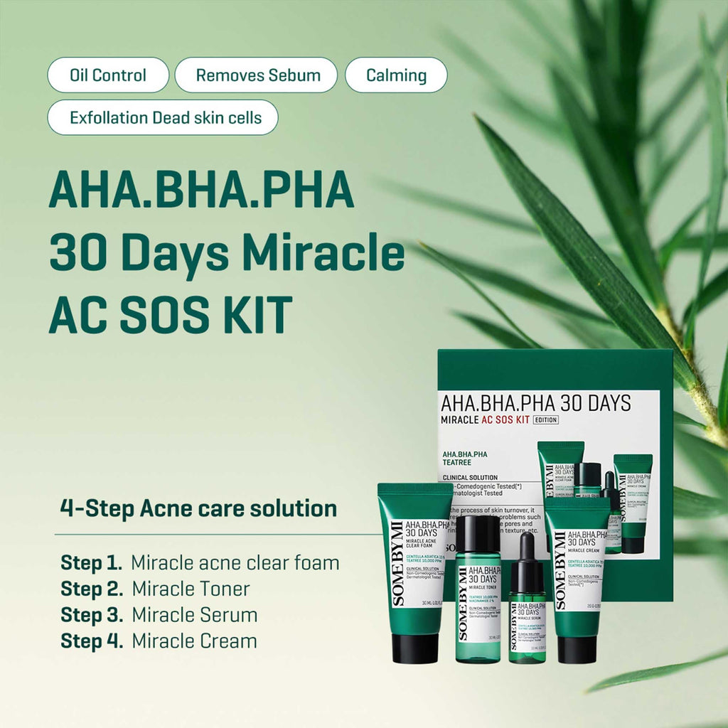 Some By Mi 30 Days AHA-BHA-PHA Miracle AC SOS Kit 4 Pieces (This set contains: 1x 30ml Acne Clear Foam 1x 30ml Toner 1x 20ml Cream 1x 10ml Serum)