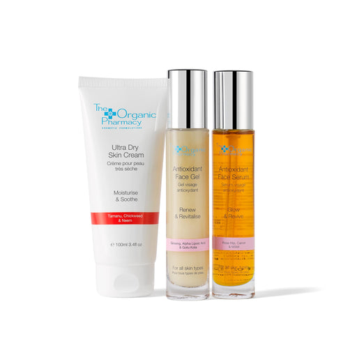 The Organic Pharmacy Moisture & Glow Skincare Kit 3 Pieces (This set contains:  1x 100ml Ultra Dry Skin cream 1x 35ml Antioxidant Face Gel 1x 35ml Antioxidant Face Serum)