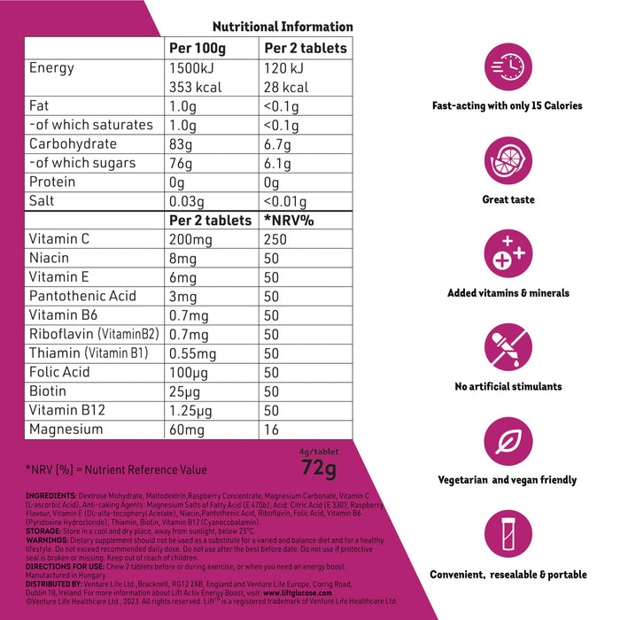 Lift Activ Juicy Raspberry Energy Boost Chewable Tablets