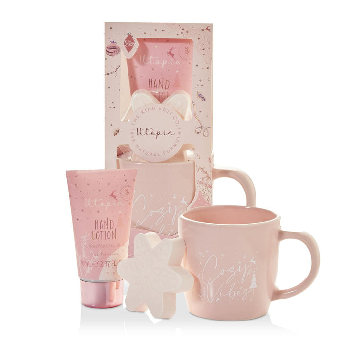 The Kind Edit Co. Utopia Cozy Vibes Mug Gift Set 70ml Hand Lotion + 50g Bath Fizzer + Mug